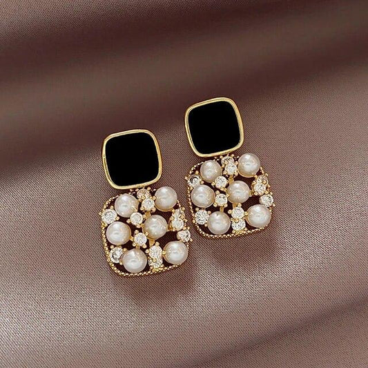 Korean Precious Pearl & Rhinestone studded earrings- black