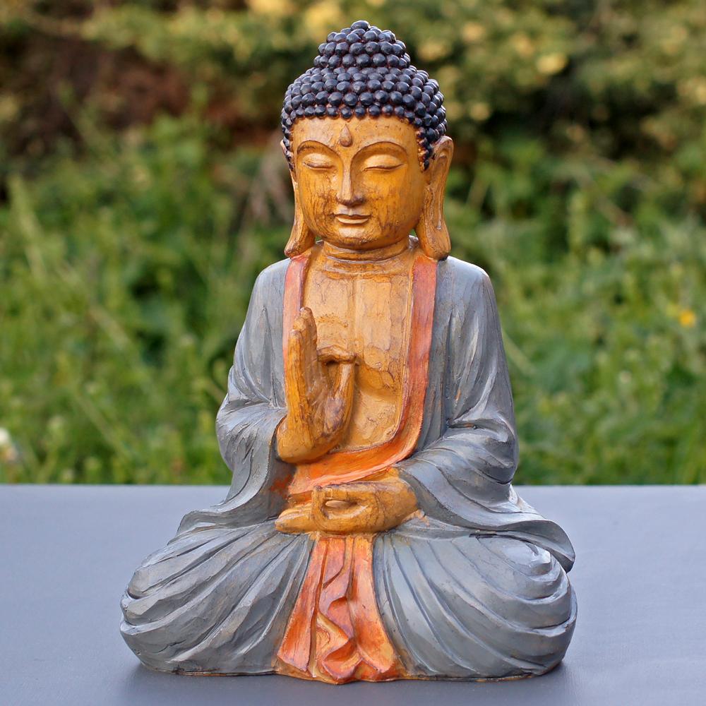 Painted Wood Eff. Thai Buddha. Grey/Beige