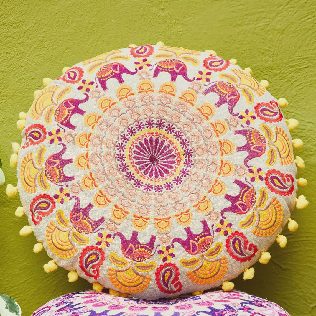 Orange Round Embroidered Mandala Cushion