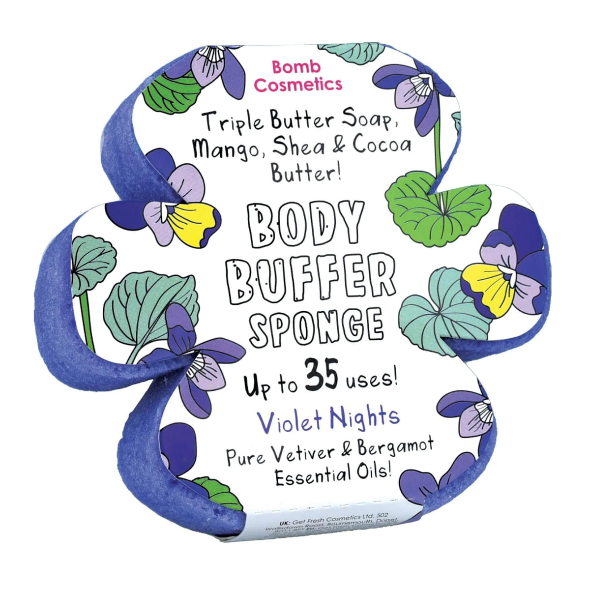 Violet Nights Body Buffer Sponge by Bomb Cosmetics at Under the Sun Southend shop