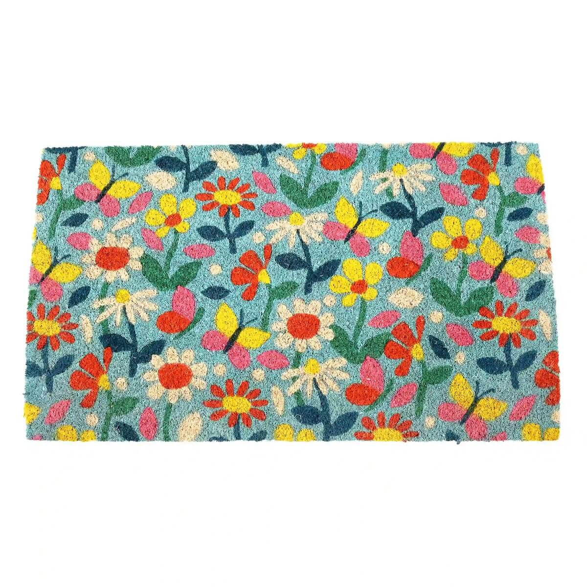 Pretty Butterfly Garden Coir Doormat with flowers and butterflies at Under the Sun Southend