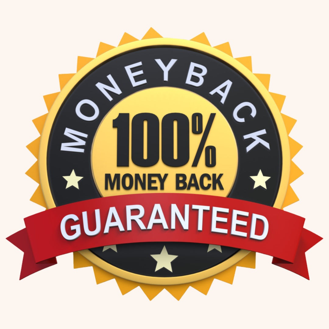 Gold seal with '100% Money Back Guaranteed' text and a red ribbon.