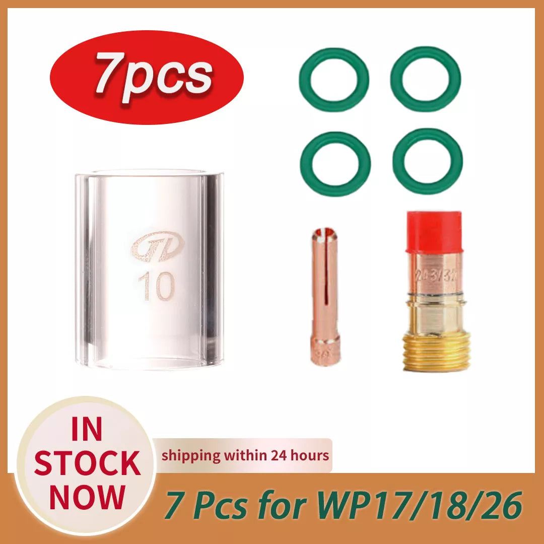 7pcs TIG Welding Torch Stubby Gas Lens #10 Heat Resistant Cup Contact Tips Kit For WP-17/WP18 WP26 Tool Parts Pyrex Glass Cup
