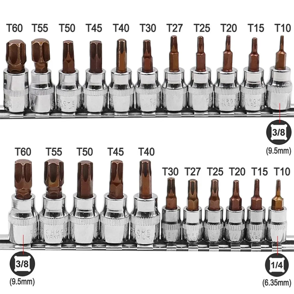 11Pcs Drive Socket Set Torx Screwdriver Bits 3/8 1/4inch Wrench Socket Adapter T10 T15 T20 T25 T27 T30 T40 T45 T50 T55 T60