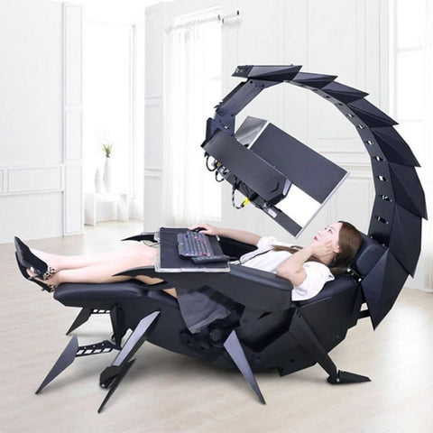 Scorpion-shaped computer cockpit game chair, made for professional players and office workers. Up to 5 screens can be hung, color RGB light strips are built-in in the cockpit.