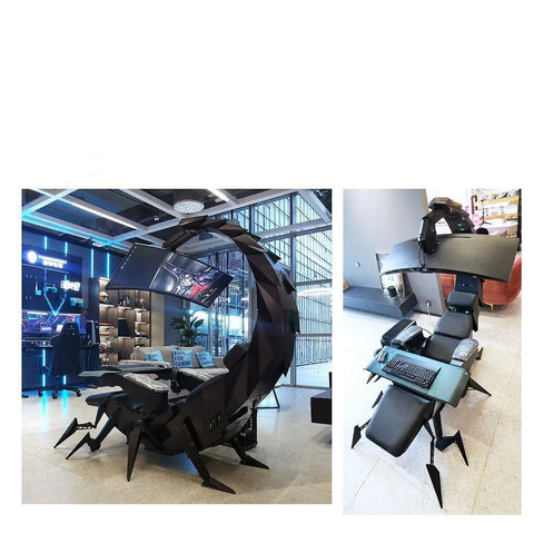 Scorpion-shaped computer cockpit game chair, made for professional players and office workers. Up to 5 screens can be hung, color RGB light strips are built-in in the cockpit.