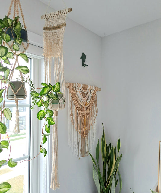 Boho Pink and Tan Macrame and Driftwood Wall Hanging – Weathered Landing