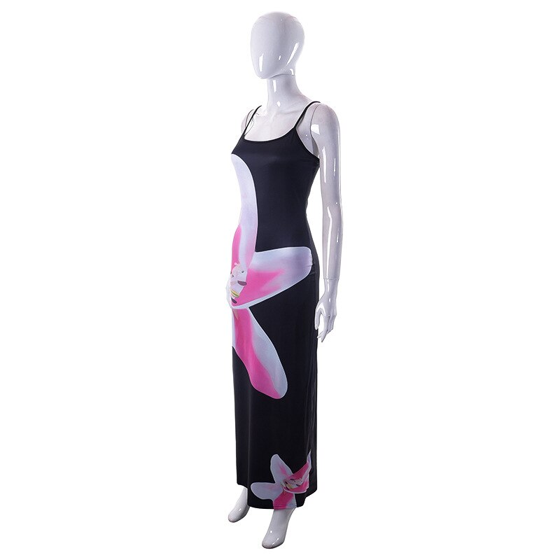 Black Strap Lilly Print Maxi Slip Dress – Giftod.com