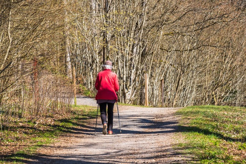 Senior woman with walking sticks walking farther on a long path in the spring sun