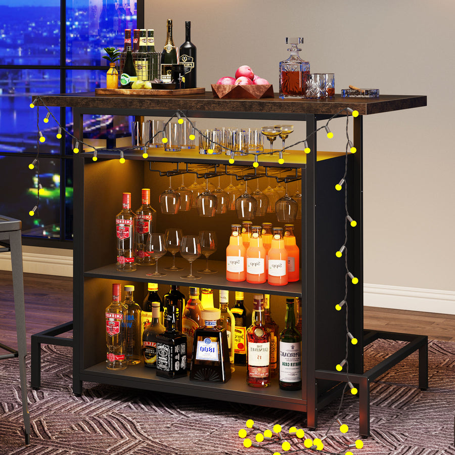 Tribesigns Home Bar Unit, 3 Tier Liquor Bar Table with Stemware Racks and  Wine Storage Shelves, Wine Bar Cabinet Mini Bar for Home Kitchen Pub (Black)