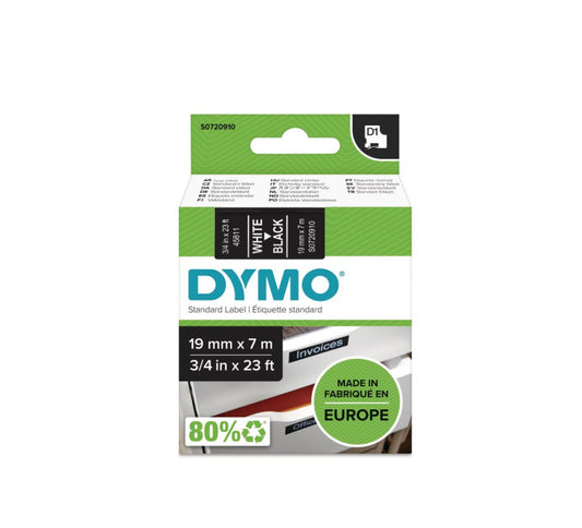 DYMO Ruban d étiquettes autocollantes D1 19 mm x 7 m, blanc sur noir