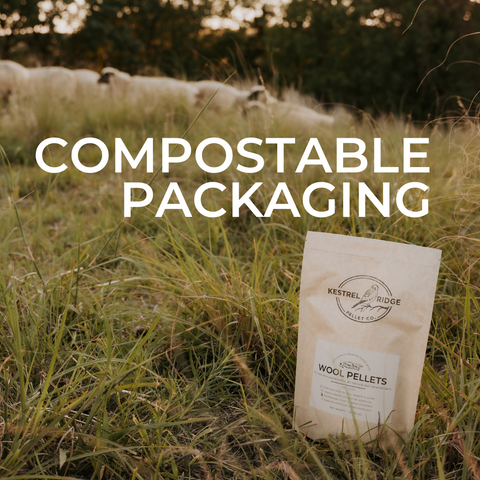 wool pellets in compostable packaging with sheep in background