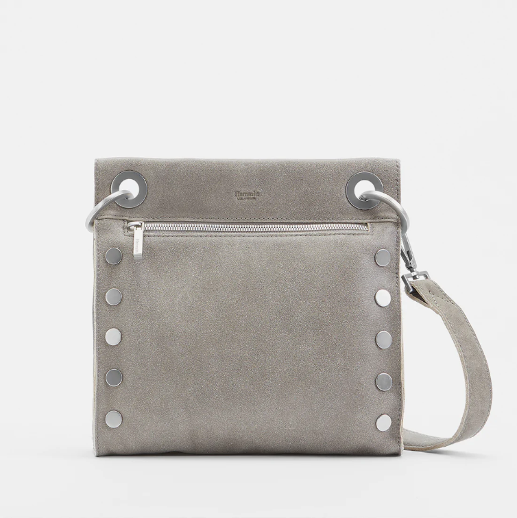 grey handbag with silver hardware