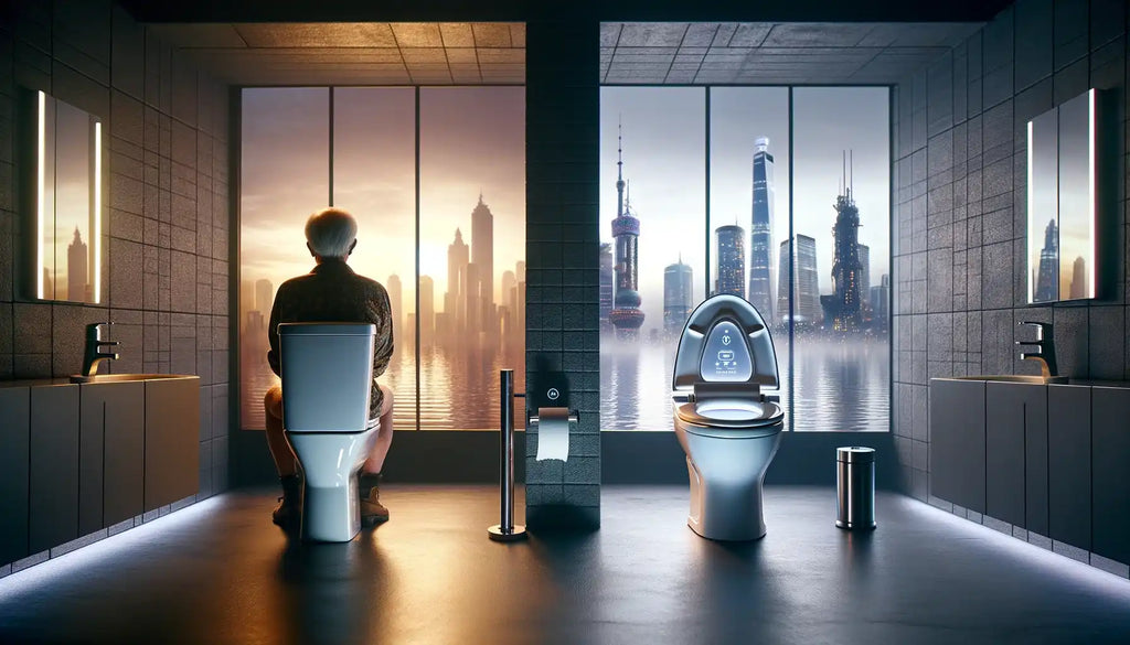 man looking outside the window sitting on bidet