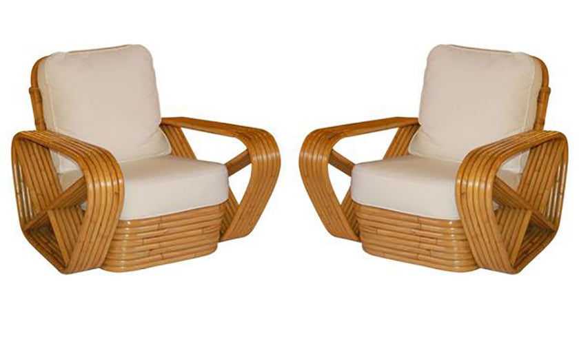 Pair Of Paul Frankl Inspired Square Pretzel Rattan Lounge Chairs