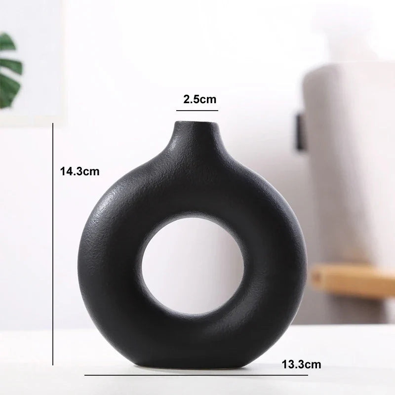 Nordic Circular Hollow Ceramic Donut Vase | Modern Home & Office Decor | Stylish Flower Pot - Image 8