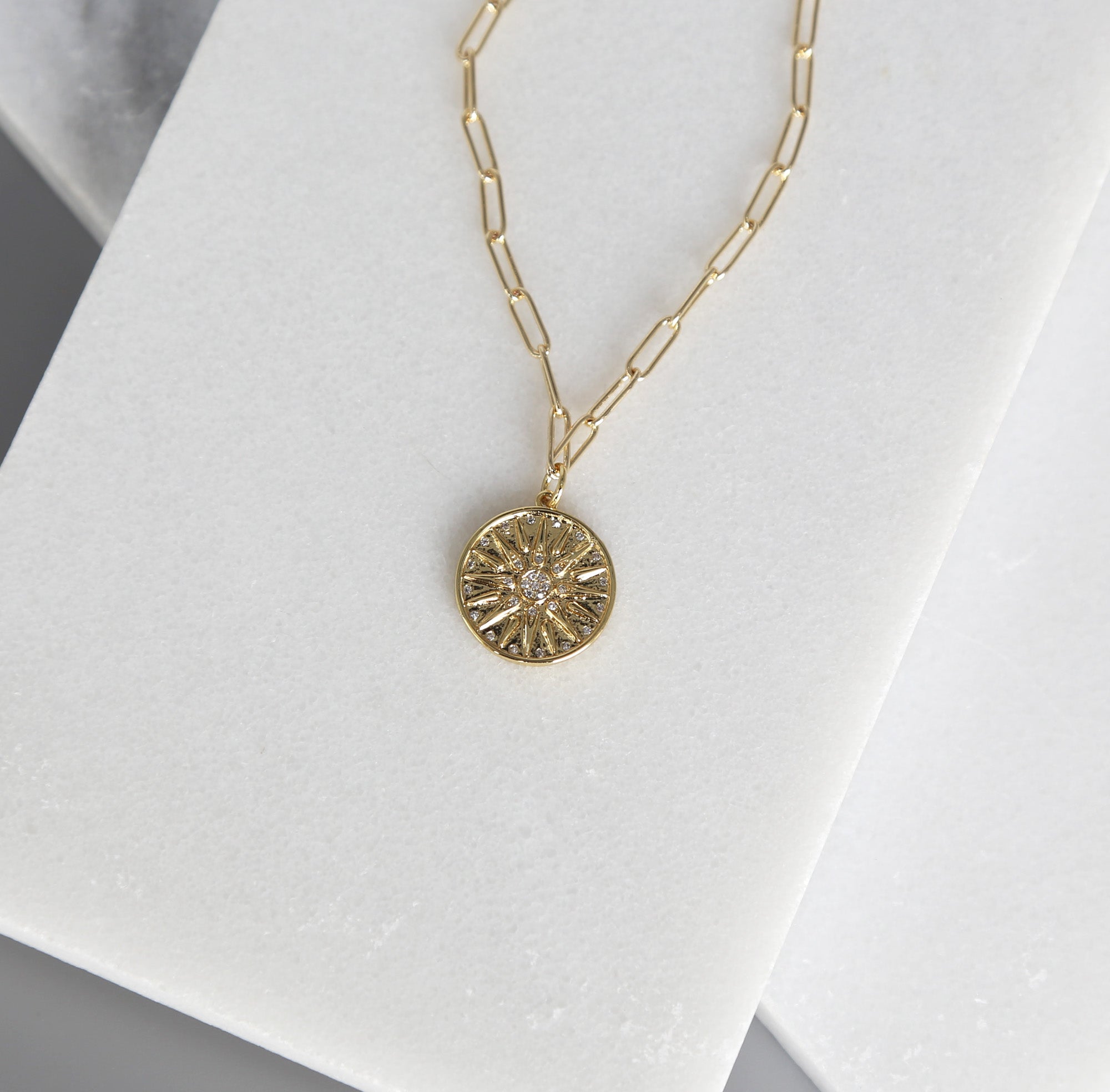 Bright Star and Sparkle Medallion Necklace, Gold Necklace, Pendant