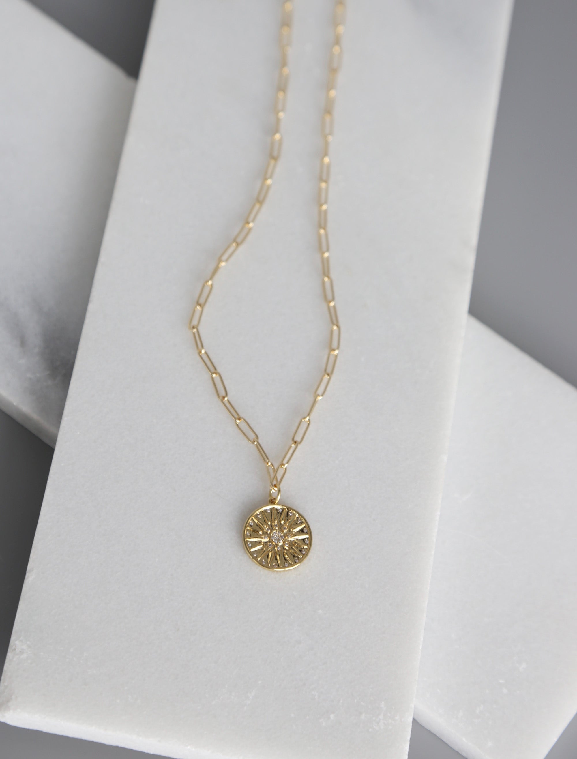 Bright Star and Sparkle Medallion Necklace, Gold Necklace, Pendant