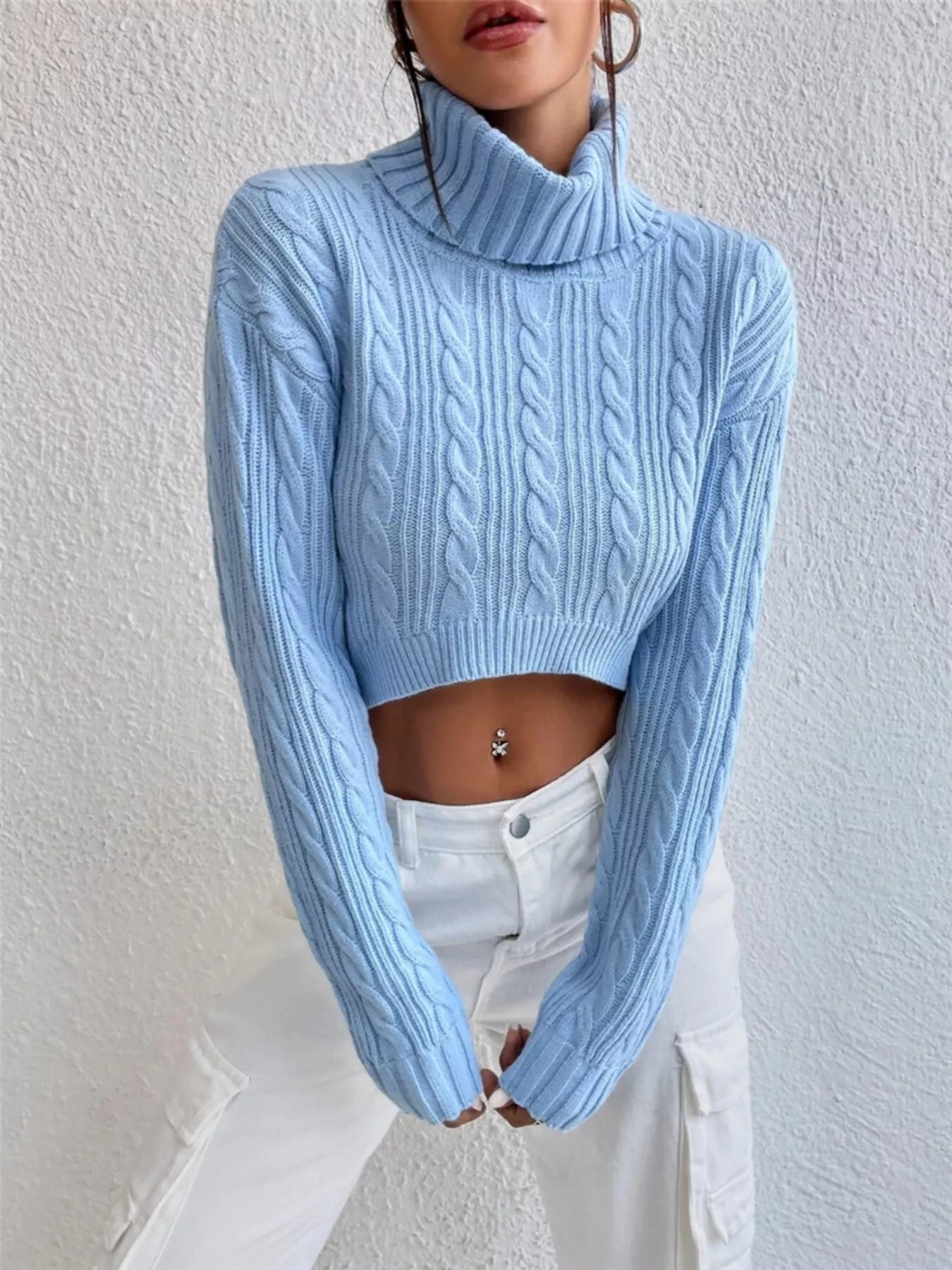 Cable-Knit Turtleneck Long Sleeve Sweater