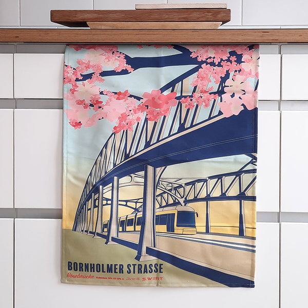 Berlin tea towel Bornholmer Strasse with tram and cherry blossoms