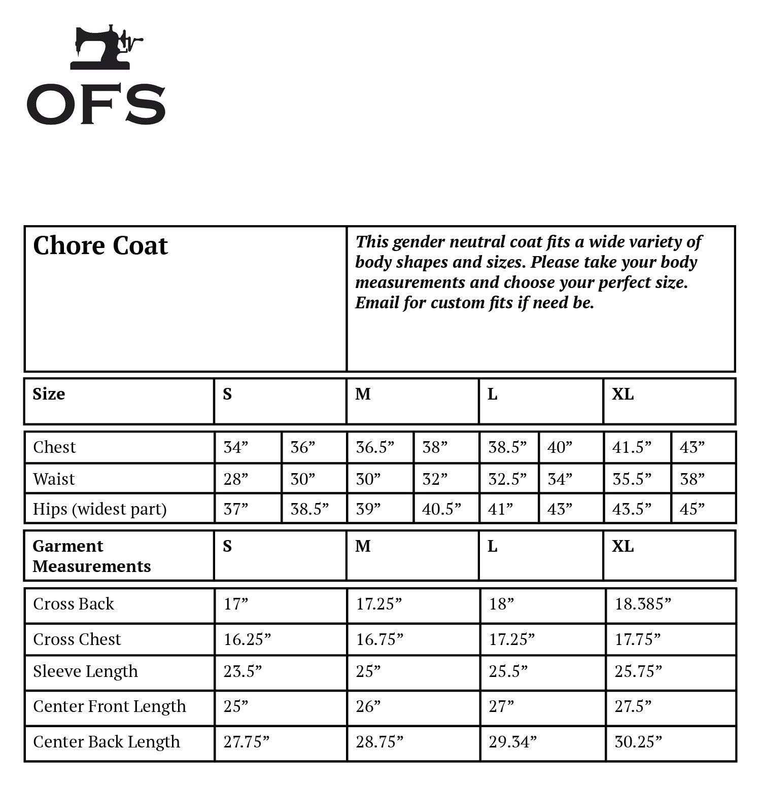 Jackets Sizing Chart – Old Fashioned Standards