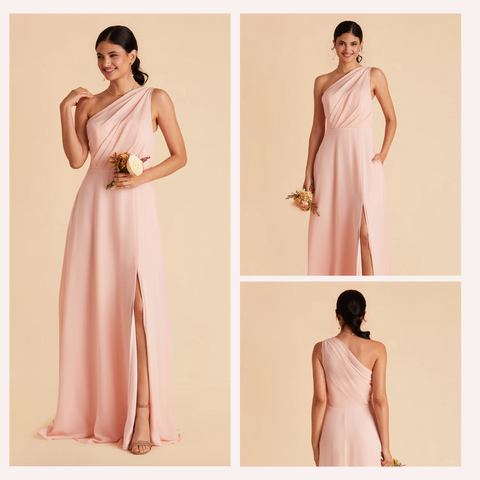 women wearing a light blush pink bridesmaid dress from birdy grey