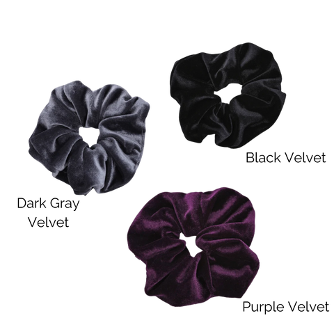 Soft Velvet hair scrunchies from scrunchies crush in purple, black, and dark gray