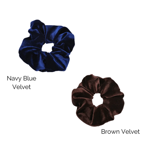 Blue velvet and brown velvet hair scrunchies from scrunchies crush that are so soft and won't damage your hair