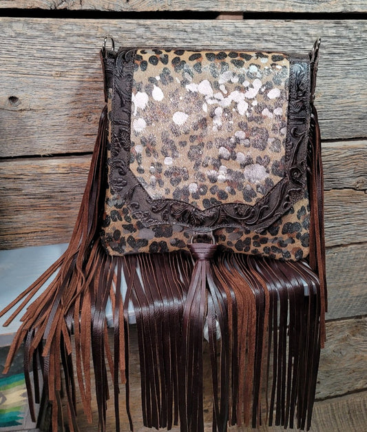 Western Leopard Cheetah Longhorn Fringe Crossbody Handbag Purse