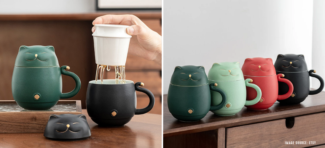TANGPIN TEA- Lucky Cat Ceramic Tea Cup with Infuser