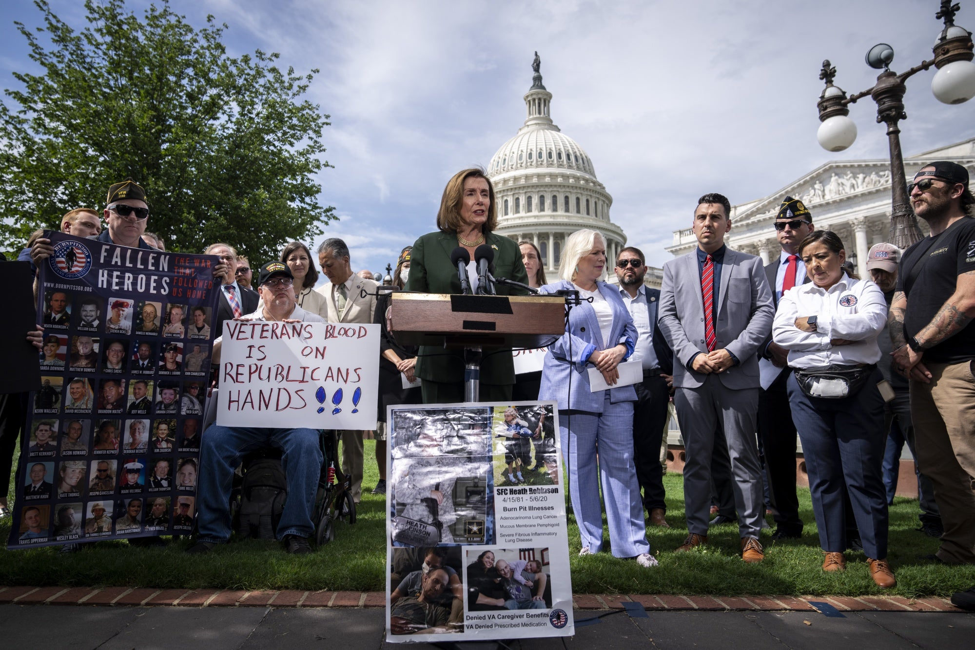 Senate Swamp --  On July 28, 2022, Speaker Pelosi, Jon Stewart, Rosie Torres and Burn Pits 360 Advocates at a press conference following the blocking of the PACT Act by Senate Republicans.