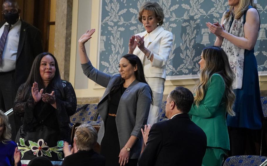Danielle Robinson, guest of first lady Jill Biden & Burn Pits 360 Advocate, is recognized during President Joe Biden’s State of the Union address.