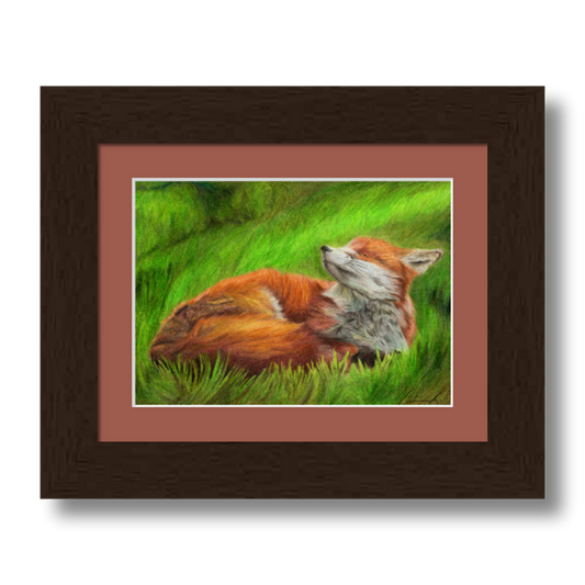 Fox colored pencil drawing reproduction matted and framed