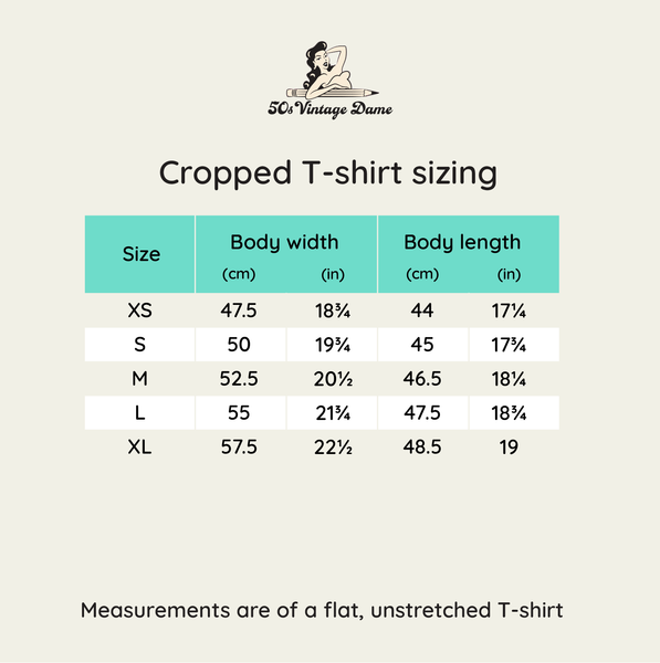 Cropped t-shirt sizing chart