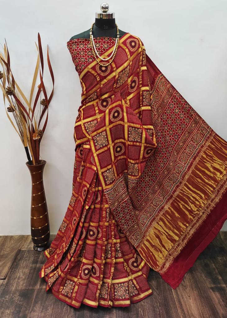 Ajrakh Bandhani Modal Silk Saree(Tissue Pallu) – syutikargha