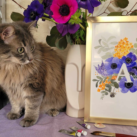 Le chat de violetteetabricot Gribouille avec monogramme décoré A peint à l'aquarelle par violetteetabricot illustratrice aquarelliste graphiste à Banyuls-sur-mer