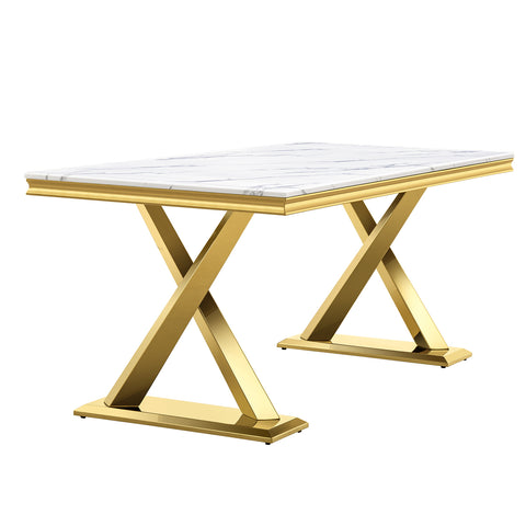 Upgrade your dining space with this stunning modern dining table that comfortably seats 6 people. The white table top has a high smooth gloss and natural texture, creating a stylish and stylish atmosphere. The golden mirror stainless steel X base is modern and simple, with unique and clear lines, adding a sense of sophistication to the overall shape.