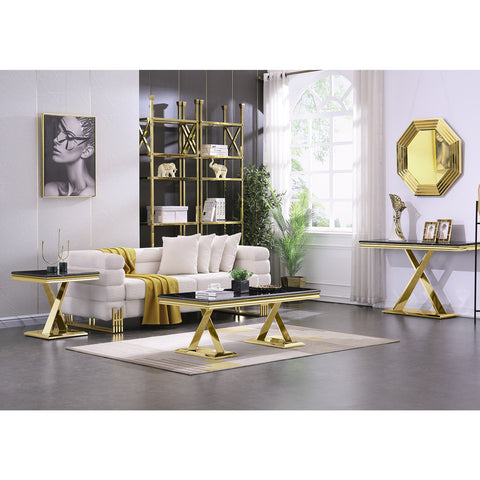 Looking to add a touch of elegance and functionality to your living space?  Look no further than AUZ stunning Console Table with its high-gloss tabletop and polished metal base. This Console Table is the epitome of modern sophistication, effortlessly blending style and practicality.  Featuring a unique X-shaped metal base in a beautiful gold finish, this Console Table not only adds a luxurious touch to any room but also provides stable and sturdy support for your belongings. The attention to detail is evident in the polished metal base, which not only enhances the visual appeal but also ensures long-lasting durability.  The tabletop of the Console Table is where true beauty shines through. With its sleek and glossy black surface, it exudes elegance and sophistication. Under the radiant glow of lighting, the smooth texture of the tabletop creates a captivating display, instantly elevating the aesthetics of any space.  With dimensions of 50 inches in length, 15.98 inches in width, and 29.92 inches in height, this Console Table is designed to fit seamlessly into various settings. Its versatility shines through as it can serve as a sofa table, providing a convenient space to place essentials like remote controls or a cozy spot for decorative items. It can also function as an entrance table, where you can stylishly display your keys and incoming mail. The possibilities are endless with this Console Table.  Now, let's talk about room styling options for the Black Gold Console Table. To create a chic and contemporary look, consider pairing it with bold colors like deep blues or rich emerald greens. This contrast will make a statement and add drama to your space. For those who prefer a more minimalistic and clean aesthetic, opt for neutral tones like beige or gray. This will create a sleek and refined vibe that exudes sophistication.  In summary, AUZ Console Table with its high-gloss tabletop and polished metal base is the perfect addition to elevate the style and functionality of any room. Its unique design and stability make it a standout piece, while the black glossy texture adds an element of allure. With its versatility as a sofa table, entrance table, or decorative accent, this Console Table will effortlessly enhance any space.  So why wait? We have many black gold console tables with the same color and different styles, there is always one that suits you.  Bring home this Black Gold Console Table and transform your living area into a haven of modern elegance.