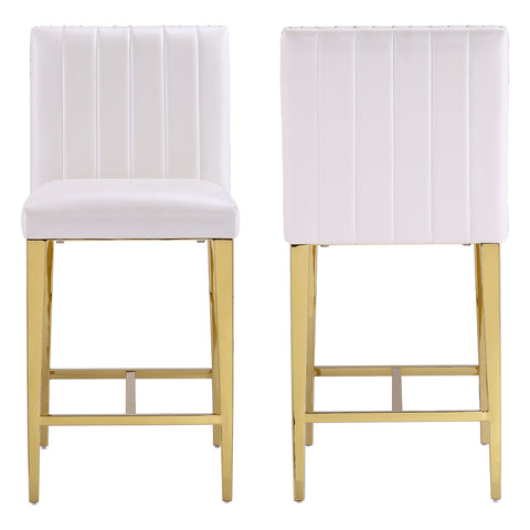 Luxurious White Fabric Bar stool chairs Match with Gold Base, Designed with Channel Backrest and Nail Head Trimmed Studs. Elevate your Dining Room;Bar with this White upholstered Leather stool chairs (set of 2). Classic Mid-Century Modern design and concise and vogue line, with unique white; Gold style, bring a Generous Space for your home. These Counter Stools with Premium White Leather, Mirrored Stainless Steel Frame, and exquisite foam-filled upholstery, making your sitting sturdy and comfortable, whether for dinner or leisure.