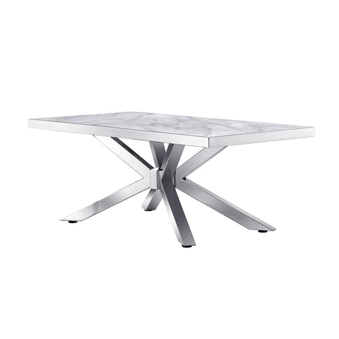 Title: Modern Silver Coffee Table: A Stylish and Durable Addition to Elevate Your Home Decor  Introduction: When it comes to enhancing the aesthetics of your living space, a modern silver coffee table with a sleek geometric base and a smooth marble-like tabletop is a perfect choice. This elegant piece of furniture not only adds a touch of artistic atmosphere but also provides functionality and durability. With its superior quality and versatile design, it is sure to create a cozy and inviting ambiance in your home.  Aesthetically Pleasing Design: The silver gray geometric base of this coffee table is not only visually appealing but also adds a modern and contemporary touch to your living room. The smooth marble-like tabletop further enhances its elegance, creating a stylish and artistic focal point. The combination of these design elements brings a sense of sophistication and visual interest to your space, making it a perfect addition to any home decor.  Stability and Durability: One of the key features of this modern silver coffee table is its sturdy construction. The X-shaped metal frame and strong MDF (Medium Density Fiberboard) ensure its stability and durability. You can rest assured that this coffee table will withstand daily use without any deformation or wobbling. Its robust design makes it a reliable piece of furniture that will stand the test of time, providing you with decades of use.  Superior Quality: When it comes to furniture, quality matters. This modern silver coffee table is crafted with utmost attention to detail and superior craftsmanship. The choice of materials and construction techniques ensure that it is suitable for various styles of homes. Whether you have a contemporary or traditional interior, this coffee table will seamlessly blend in and create a cozy feeling in your living space.  Marble-Like Tabletop: The smooth epoxy resin-coated FDM (Fused Deposition Modeling) tabletop not only adds a touch of luxury but also provides practical benefits. It effectively prevents scratches, ensuring the longevity of your coffee table. Additionally, the marble-like visual effect created by the epoxy resin adds depth and sophistication to your living room. Impress your guests with this stunning visual element that embodies both style and functionality.  Easy Assembly: The convenience of assembly is often an important factor when choosing furniture. This modern silver coffee table is designed with easy assembly in mind, allowing you to set it up quickly and hassle-free. The clear instructions and included tools make the process simple and straightforward. Enjoy the benefits of this stylish coffee table without the stress of complicated assembly procedures.  Conclusion: A modern silver coffee table with its elegant design, stability, superior quality, and marble-like tabletop is the perfect addition to elevate your home decor. Its sleek geometric base and smooth surface bring a touch of artistic atmosphere to your living space while offering durability and functionality. Whether you have a contemporary or traditional interior, this coffee table will seamlessly integrate into your home, creating a cozy and inviting ambiance. Enjoy the benefits of this stylish and practical piece of furniture that enhances both the visual appeal and functionality of your living space.