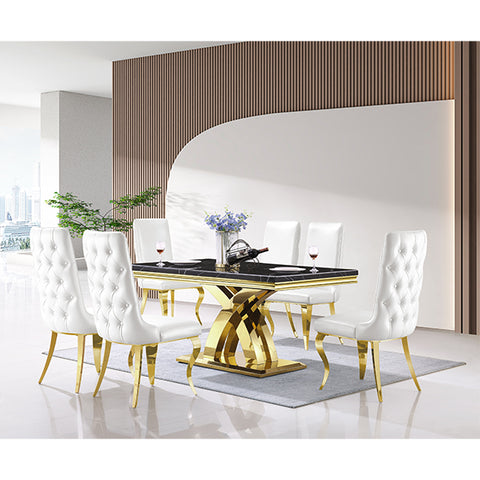 Certainly, the white and gold color scheme of this dining chair has several benefits. Firstly, the combination of the bright white leather and the polished gold legs creates an elegant and luxurious look that enhances the ambiance of the dining room. Secondly, white and gold are neutral colors that blend seamlessly with virtually any decor theme, allowing for great versatility in styling your dining room. Finally, the gold accents add a touch of glamour and sophistication that make a statement and leave a lasting impression on your guests.