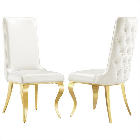 C. White leather dining chair: The white and gold dining chairs with leather patchwork create a textured feel. The chairs are made of sturdy and not easily collapsed high-density foam. The high-back design and polished gold chair legs add a touch of luxury to the seating experience. They are suitable as reading chairs, dining chairs and leisure makeup chairs.