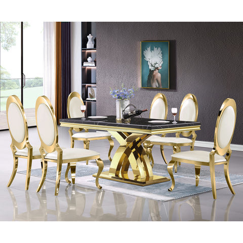 Introducing our sleek dining set, featuring modern white faux leather chairs with gold stainless steel legs, complemented by a black smooth textured rectangular table. The chairs showcase an oval metal backrest, adding a unique and contemporary touch to the overall design. The widened seat cushion ensures maximum comfort for prolonged dining experiences. The table boasts a gold metal double X base with a silver rectangle base, creating a sleek and elegant appearance. With a 65" rectangle tabletop, this dining set provides ample space for mealtime gatherings or dinner parties. The combination of the white faux leather chairs and the black smooth textured table showcases a striking contrast that exudes style and sophistication, making it an ideal addition to any modern dining area.