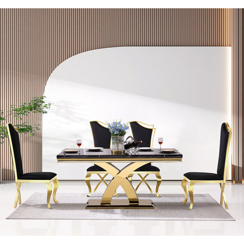 Introducing our stunning dining chair and table set that will elevate your dining experience. This exquisite combination features black velvet upholstered dining chairs with gold legs or X-shaped legs, offering a touch of glamour and luxury. The streamlined high backrest provides optimal support and comfort for your dining needs.   Paired with the chairs is a magnificent dining table boasting a black, smooth textured top that exudes elegance. Supported by a gold metal double X base and a rectangle gold base, this table showcases sturdy construction with a touch of sophistication. With its spacious 65-inch rectangular table top, there's plenty of room for gatherings and entertaining guests.   This dining chair and table set effortlessly combines style and practicality, creating a captivating centerpiece for your dining area. Transform your space into a haven of elegance and refinement with this meticulously crafted dining set.