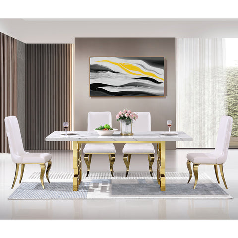 Discover the epitome of elegance with the AUZ Furniture dining collection, a perfect fusion of opulent design and durability. The dining chairs are a testament to luxury, featuring sumptuous white leather upholstery and stunning mirror gold legs, accentuated with classic button tufting on the back for a timeless appeal. Crafted for lasting strength, these heavy-duty chairs promise both comfort and style. The set is complemented by an exquisite white gold dining table boasting a 78-inch rectangular white tabletop that exudes sophistication, framed by a polished gold metal structure and striking geometric legs. Together, this dining set creates an undeniably grandiose statement in any dining space.