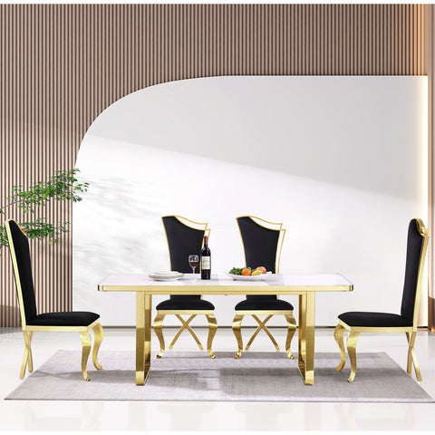 Step into a realm of timeless elegance with the AUZ Furniture dining set, a true testament to classic luxury intertwined with contemporary flair. This striking ensemble pairs the plush, indulgent feel of black velvet dining chairs against the sleek, modern opulence of a white and gold dining table. Each chair boasts an alluring gold metal frame with distinct X-shaped legs, encapsulating style that commands attention without sacrificing comfort, courtesy of a streamlined high backrest. The centerpiece, a grand 71-inch slate tabletop, is cradled by a luminous gold metal U base, reflective of a refined aesthetic that blends seamlessly with the chairs' stately charm. This dining set is designed for those with an eye for glamour and a taste for the dramatic, creating an inviting yet bold statement in any dining space. Every meal becomes a luxe affair, every moment shared at this table, a chic celebration of elevated living.