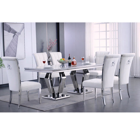 Luxury dining chair and dining table set, a Gray rectangular dining table with a metal geometric base, paired with luxurious white velvet dining chairs, simple and modern design, white dining chairs and Silver dining table combination create a luxurious and modern atmosphere in your restaurant or guest room.