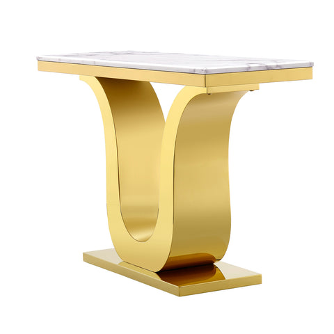The AUZ gold console table with its radiant design, textured white tabletop, and polished golden metal base offers a sophisticated and glamorous addition to any living space. The combination of white and gold colors creates a visually pleasing and luxurious color scheme, while the minimalist design ensures a timeless and versatile appeal that effortlessly enhances the overall aesthetic.