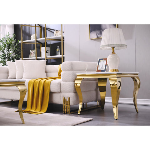 Title: Elevate Your Space with a Luxurious Gold End Table  Introduction: In the world of interior design, finding the perfect furniture piece that combines luxury, elegance, and functionality is no easy task. Fortunately, we have just the solution for you - the AUZ Gold End Table with White Tabletop and Stainless Steel Legs. This stunning piece of furniture is designed to add a touch of opulence to any space, with its golden hue, textured white tabletop, and polished curved legs. In this blog post, we will delve into the exquisite details of this end table, exploring its design, versatility, and the impact it can have on your home decor.  The Epitome of Luxury: The gold finish of the AUZ Gold End Table instantly elevates the room, exuding a sense of luxury, warmth, and sophistication. Gold is a timeless color that never goes out of style, making it a perfect choice for those seeking to create a glamorous ambiance in their living space. The shimmering golden hue of this end table creates a captivating focal point, making it an eye-catching piece that will surely impress your guests.  Attention to Detail: A key feature of the AUZ Gold End Table is the intricate texture of its white tabletop. The textured surface adds depth and visual interest to the overall design, making it a truly unique piece of furniture. The delicate patterns and fine details on the tabletop create an alluring focal point that highlights the table's modern aesthetic.  Durability and Stability: Designed with a sturdy metal frame, this end table ensures durability and stability. The gold metal frame not only provides reliable support but also adds a touch of luxury to the overall aesthetic. The combination of the gold frame and the white textured tabletop creates a contemporary look that seamlessly blends with various decor styles.  Curved Legs for Extra Elegance: Adding to its allure, the AUZ Gold End Table features polished, slightly curved legs. These gold legs enhance the table's modern and sophisticated appearance, while the curvature adds a subtle touch of elegance. Their polished finish complements the overall aesthetic of the table, adding to its visual appeal.  Versatility for Any Space: One of the standout features of this gold end table is its versatility. It is suitable for a wide range of environments, including living rooms, bedrooms, conference rooms, and offices. In a living room, it can function as a stylish side table, providing a surface for holding drinks, books, or decorative items. In a bedroom, it can serve as a luxurious bedside table, offering a spot for a lamp, alarm clock, or personal belongings. In a conference room or office, it adds a touch of sophistication and functionality, serving as a convenient spot for holding documents, laptops, or other essential items.  Conclusion: When it comes to transforming your living space into a luxurious haven, the AUZ Gold End Table with White Tabletop and Stainless Steel Legs is an excellent choice. Its gold finish, textured white tabletop, and polished curved legs combine to create a piece of furniture that effortlessly exudes opulence, warmth, and sophistication. Whether you're looking to refresh your home decor or add a focal point to a room, this gold end table is the perfect solution. Elevate your space and indulge in the timeless beauty of the golden hue with this exquisite piece of furniture.