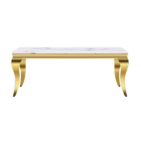 Title: Elevate Your Living Room with a White and Gold Coffee Table  Incorporating a coffee table into your living room decor can add functionality and style to the space. If you are looking for a coffee table that is both functional and luxurious, a white and gold coffee table may be the perfect choice for you.  The Benefits of a White and Gold Coffee Table  Chic and Luxurious Design A white and gold coffee table is a stylish addition to any living room. The combination of white and gold creates a chic and luxurious feel that can elevate your living space and add a touch of sophistication.  Versatile Design White and gold is a versatile color combination that can complement any existing decor style. Whether your living room decor is modern, traditional, or eclectic, a white and gold coffee table can blend seamlessly and add a touch of elegance.  Functional and Practical The white veneer of the coffee table described is not only stylish but also practical. It is waterproof, wear-resistant, and easy to clean, making it a practical choice for families with children or pets.  Provides Ample Storage Space The gold coffee table described provides ample storage space for displaying your vase, knickknacks, and collectibles, while also serving as a space-saving sofa table or TV stand.  The Benefits of White and Gold Color Combination  Adds a Touch of Glamour The combination of white and gold creates a glamorous and luxurious feel that can add a touch of sophistication to any space.  Creates a Chic and Modern Look White and gold is a popular color combination that is associated with modern and chic design. It can create a fresh and clean look that is both elegant and trendy.  Versatile and Complementary White and gold is a versatile color combination that can complement any existing decor style. It can be paired with other colors such as black, gray, or navy to create a cohesive and stylish look.  Style Tips for a White and Gold Coffee Table  Pair with Neutral Colors To create a chic and modern look, pair your white and gold coffee table with neutral colors such as white, gray, or beige. This will create a clean and sophisticated look that is both timeless and trendy.  Add Texture To add depth and interest to your living room decor, use decorative items with different textures such as a plush rug, a knit throw, or a woven basket.  Use Metallic Accents To complement the gold accents on your coffee table, use metallic accents such as gold or silver candle holders, picture frames, or decorative objects.  Conclusion  A white and gold coffee table is a stylish and luxurious addition to any living room. It can add functionality and storage space while also creating a chic and modern look. By following the style tips above, you can create a cohesive and sophisticated living room that is both functional and beautiful.  Certainly! Here are some decorative items that would complement a white and gold coffee table:  Gold Candle Holders: Adding gold candle holders to your coffee table can create a warm and inviting ambiance. You can choose different sizes and shapes to add visual interest.  Metallic Picture Frames: Using metallic picture frames with gold or silver accents can complement the gold elements of your coffee table. You can display family photos or artwork to add a personal touch.  Fresh Flowers: Placing fresh flowers in a white vase on your coffee table can add a pop of color and create a natural and organic feel. Choose flowers that complement the color scheme of your living room.  Decorative Tray: A decorative tray in white or gold can help organize your coffee table and create a cohesive look. You can place books, candles, or other decorative items on the tray.  Artwork: Hanging artwork on the wall above your coffee table can create a focal point and draw the eye upwards. Choose artwork that complements your color scheme and style.  Textured Pillows: Adding textured pillows to your sofa can create a cozy and inviting feel. You can choose pillows with metallic accents or in shades of white and gold to complement your coffee table.  Decorative Objects: Using decorative objects such as a sculpture, a vase, or a bowl can add visual interest and texture to your coffee table decor. Choose objects with interesting shapes or textures to create a unique and personalized look.  Remember, when decorating your coffee table, it's important to balance style with functionality. Choose decorative items that complement your living room decor and reflect your personal style while also serving a practical purpose.